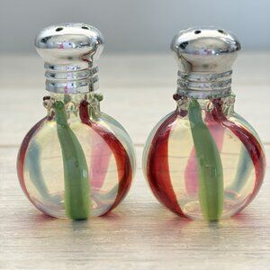 Set of 2 Blown Glass Mini Salt and Pepper Shakers Rainbow Stripe